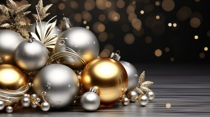 Christmas background with gold and silver baubles. 3d rendering