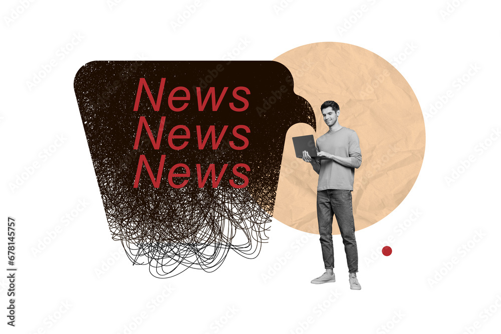 Poster collage picture sketch of happy successful man reading daily news watching newscast isolated on draw