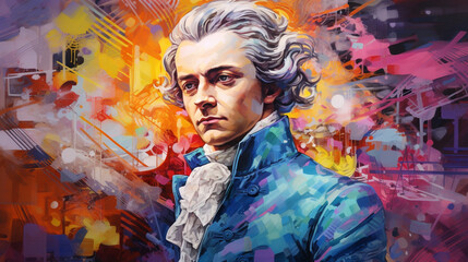 Mozart le prodige de la musique sur fond multicolore explosif
