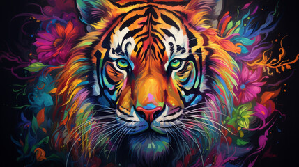 Portrait de tigre entouré de fleurs colorées - obrazy, fototapety, plakaty