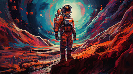 Cosmonaute héroïque sur une planète rouge déserte - obrazy, fototapety, plakaty