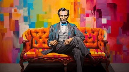 Abraham Lincoln assis sur un canapé et fond coloré - obrazy, fototapety, plakaty