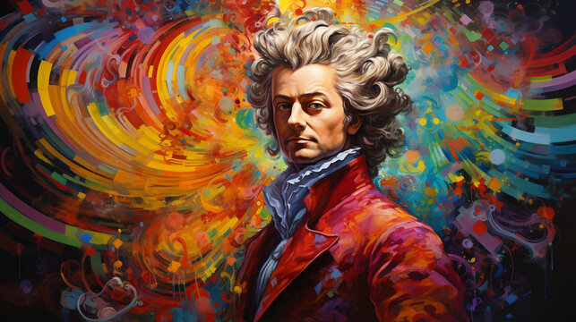 Mozart le prodige de la musique sur fond multicolore explosif