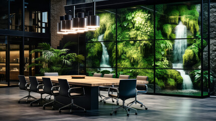 Modern meeting room with panoramic view on waterfall. 3D Rendering. Concept of green industry and environment protection