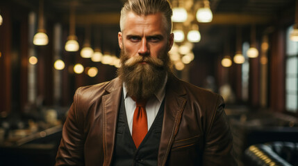 Obraz premium Handsome man with long beard and mustache in brown leather jacket