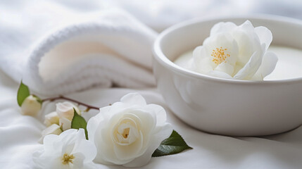 Fototapeta na wymiar White roses, cream and napkin on a white background. Concept of spa