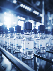Pharmaceutical factory production line medical vials, pharmaceutical machine work pharmaceutical glass bottle production line,Vaccine production concept	