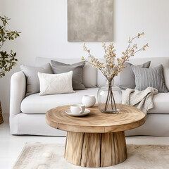 Modern living room interior with white sofa, coffee table and flowers. 3d render,Generative AI