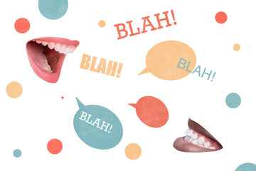 Collage poster image of people chatting speaking sharing news comments information blah blah concept