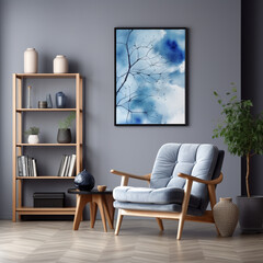 Interior of modern living room with gray walls, wooden floor, comfortable blue armchairs standing near coffee table and bookcase. Mock up poster frame. 3d rendering,Generative AI