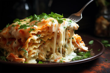 Lasagna with salmon, zucchini, bechamel sauce, parmesan cheese and leeks.  - Powered by Adobe