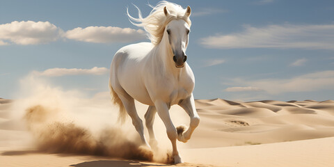 Obraz na płótnie Canvas White horse running in the desert The galloping white horse Beautiful white horse run in desert against dramatic sky AI Generative 