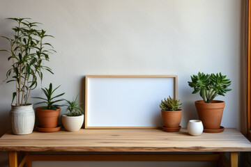 Mock up frame poster with tropical leaf plant in pot on wooden table. Lifestyle home decor.