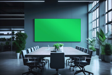 Modern Empty Meeting Room with Big Conference Table with Various Documents and Laptops on it, on the Wall Big TV with Green Chroma Key Screen. Contemporary Minimalistic Designed Workplace.. - obrazy, fototapety, plakaty