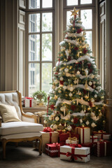 Christmas tree with presents in living room. Christmas and New Year concept.