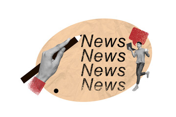 Banner collage image of professional journalist reporter speaking video conference sharing news...