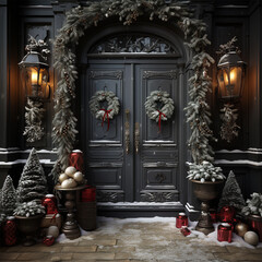 Fototapeta premium New Year concept background of a gray door in Christmas decoration with garlands and fir trees nearby. Christmas celebration, home decoration, family holiday. Copy space.