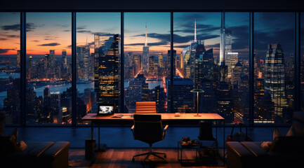 Fototapeta na wymiar Empty office contemporary interior office with city skyline and buildings city from glass window