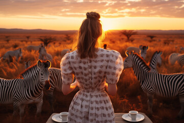 rear view of Young woman contemplating a view of zebras having sunset dinner walking at the meadow, aesthetic look - obrazy, fototapety, plakaty