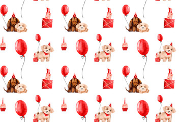 Cartoon pattern with puppy maltipoo, dachshund with red balloon, cupcake, presents, invitation for dog party, happy birthday background. Digital watercolor design - obrazy, fototapety, plakaty