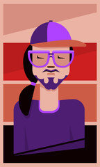 Geometric image of a bearded guy wearing fashionable glasses and a cap with the use of beige, purple and burgundy tones