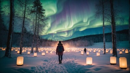 Aurora Borealis lantern walk on Christmas Eve. Season and holiday concept. New Year's night idea. With copy space.