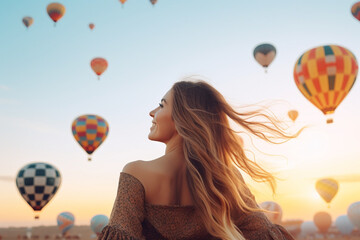 rear view of Young woman feels happy and smiling while looking at hot air balloons, aesthetic look