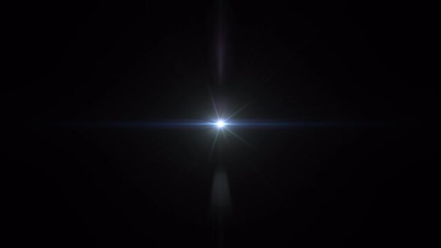 Abstract loop center flickering glow white blue star optical flare shine light ray long arm animation on black background.
