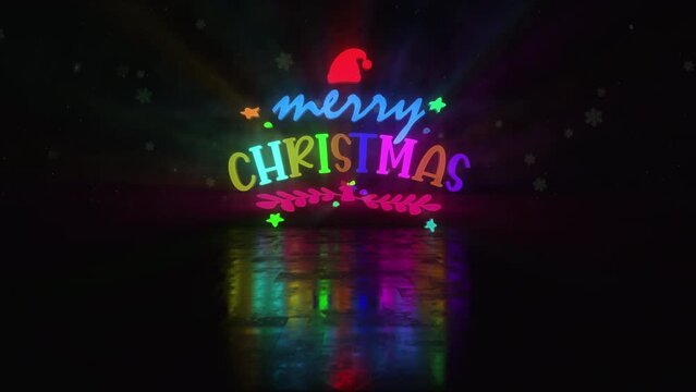 Merry Christmas glow colorful neon text effect animation with christmas ball cinematic title on black abstract background.Ending cover for end scence trailer winter snow, Christmas and New year event