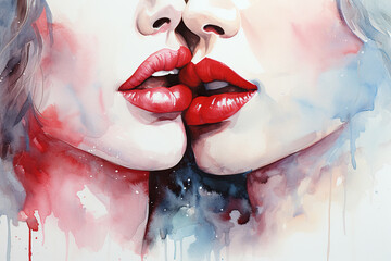 Two female tender seductive mouths with red lipstick close-up, watercolor drawing. Generated by artificial intelligence - obrazy, fototapety, plakaty