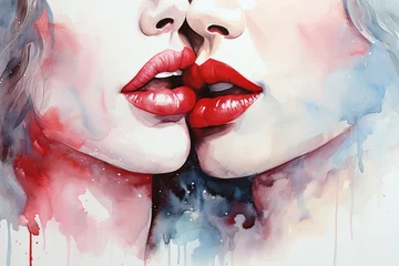 Fotobehang Two female tender seductive mouths with red lipstick close-up, watercolor drawing. Generated by artificial intelligence © Vovmar