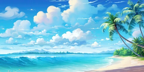 Fototapeta na wymiar Paradise Awakens Serene Tropical Beach Palm Trees and Bungalow Amid Turquoise Ocean Waters at Sunset, Generative AI