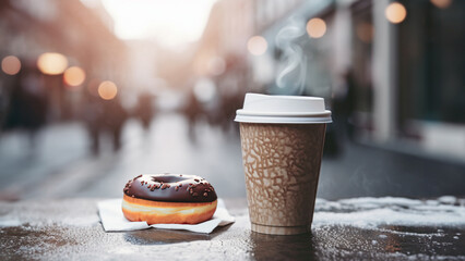 Hot coffee on the go in paper cup and donut on street table outdoors in the winter morning. Takeaway breakfast. Takeaway food