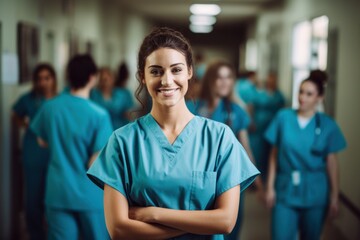 Young beautiful smiling woman doctor in a medical uniform with a stethoscope stands with her arms crossed in the clinic corridor against the background of the medical team.