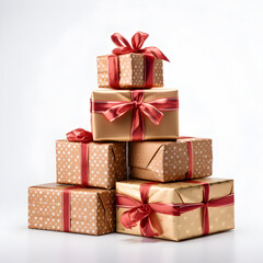 Golden gift boxes with elegant red ribbons on a plain background.