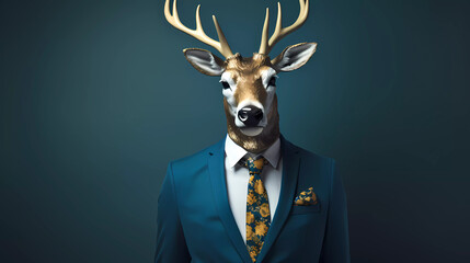 A deer wearing a suit and tie with horns on his head and a blue jacket with gold details on it