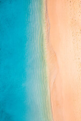 Relaxing aerial beach scene. Summer vacation holiday landscape banner. Waves surf crash amazing blue ocean lagoon, sea shore, coastline. Perfect aerial drone top view. Peaceful bright beach, seaside