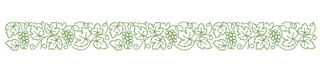 Grape vine floral line ornament. Grape branches and leaves. Editable outline stroke. Vector.