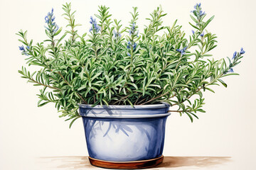 Fresh rosemary in pot watercolor drawing. Healthy eating and alternative medicine concept. Generated by artificial intelligence