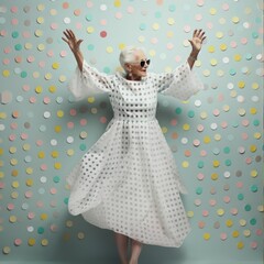 Portrait of a beautiful senior woman in polka dot dress and sunglasses