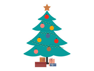 Decorated Christmas tree with gifts on white background. Vector illustration