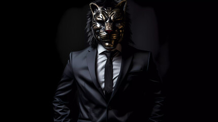 A man in a suit and a black tiger mask on his face;