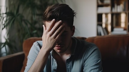 Young male holding his head in home environment. Headache and tiredness. Depressive state. Poor health and symptoms of a cold