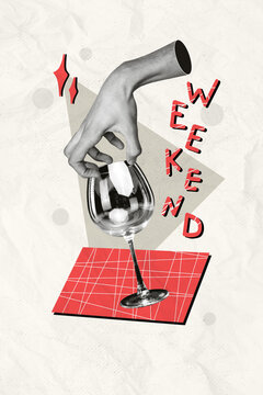 Sketch image collage of arm hold wine glass weekend time pleasure enjoyment isolated on drawing background