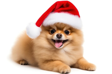 Fototapeta na wymiar Pomeranian Spitz in red Christmas hat on white background