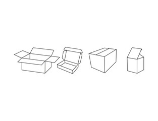 Packaging box outline collection, Set of Box line icons, delivery boxes, cargo box, Open black box in white and black colors. Vector illustration. 