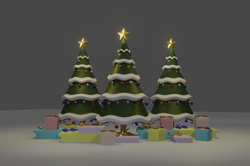 Christmas tree with decrorate items and giftbox.3D render