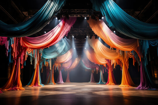 Breathtaking aerial silk display encircled by a carnival of colorful circus props 