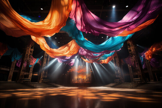 Breathtaking aerial silk display encircled by a carnival of colorful circus props 
