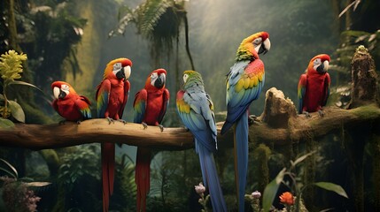 
group of macaws in the jungle